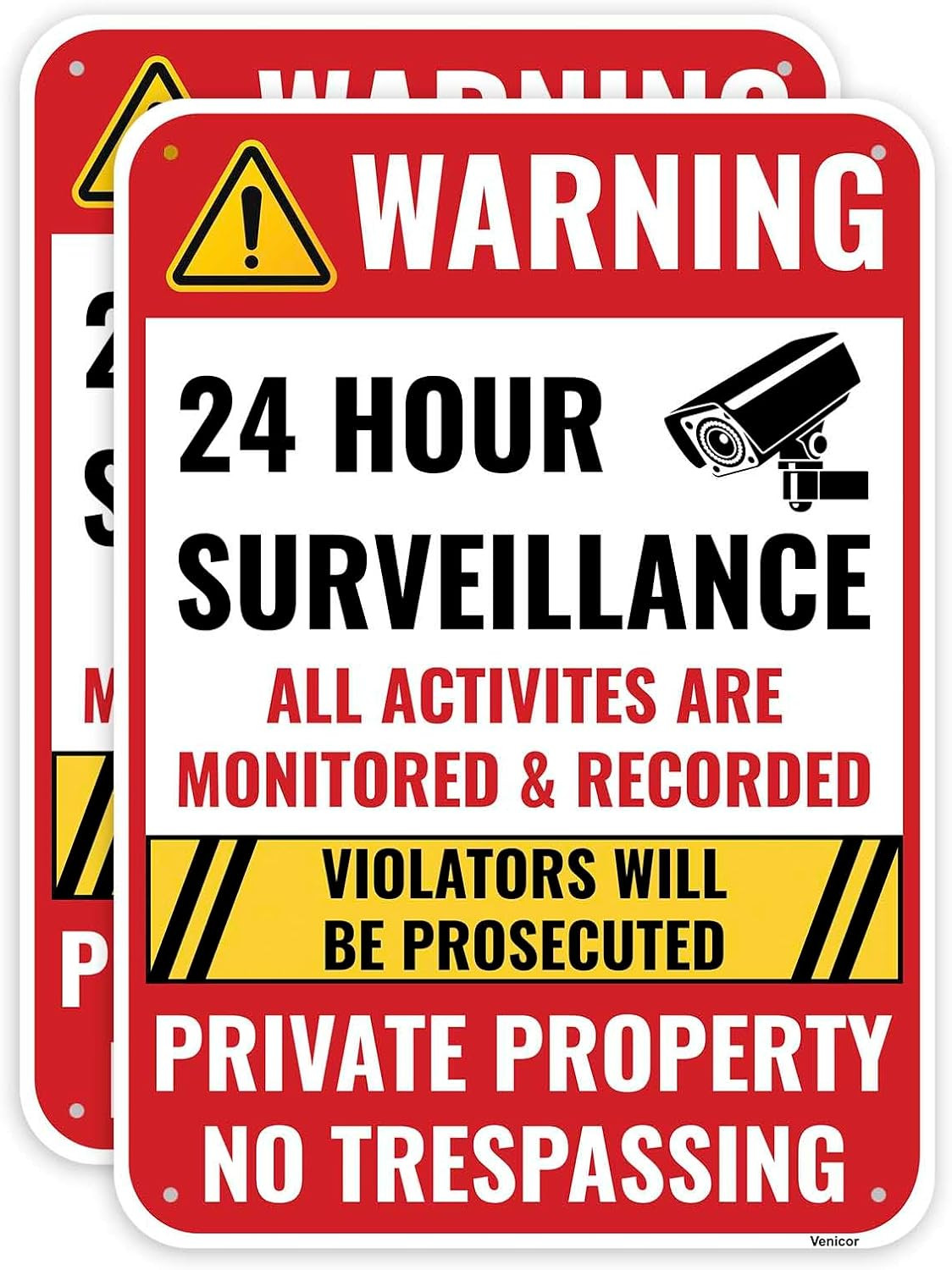 2PC 24 Hour Surveillance Sign, 14 X 10 Inches – Aluminum – Private Property No T