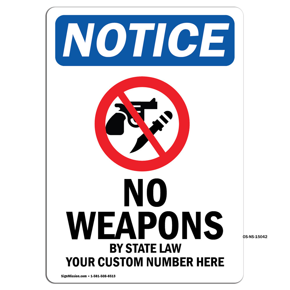 No Weapons By State With Symbol OSHA Notice Sign Metal Plastic Decal