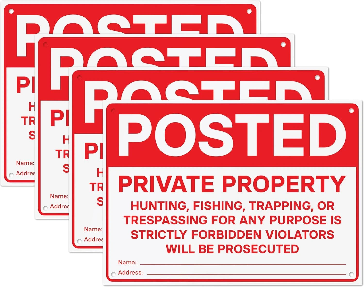 Posted Private Property Signs 4 PK | No Hunting No Trespassing PVC Signs with Mo