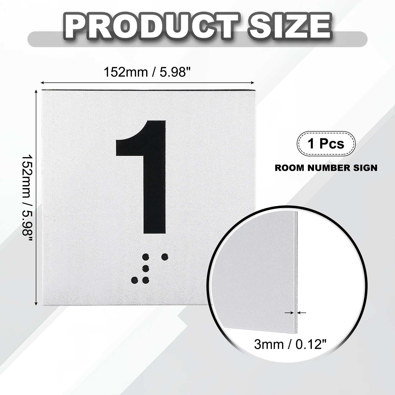 Exam Room Number Sign, 6″ x 6″ Number 1 Sign with Braille, Black on Silver