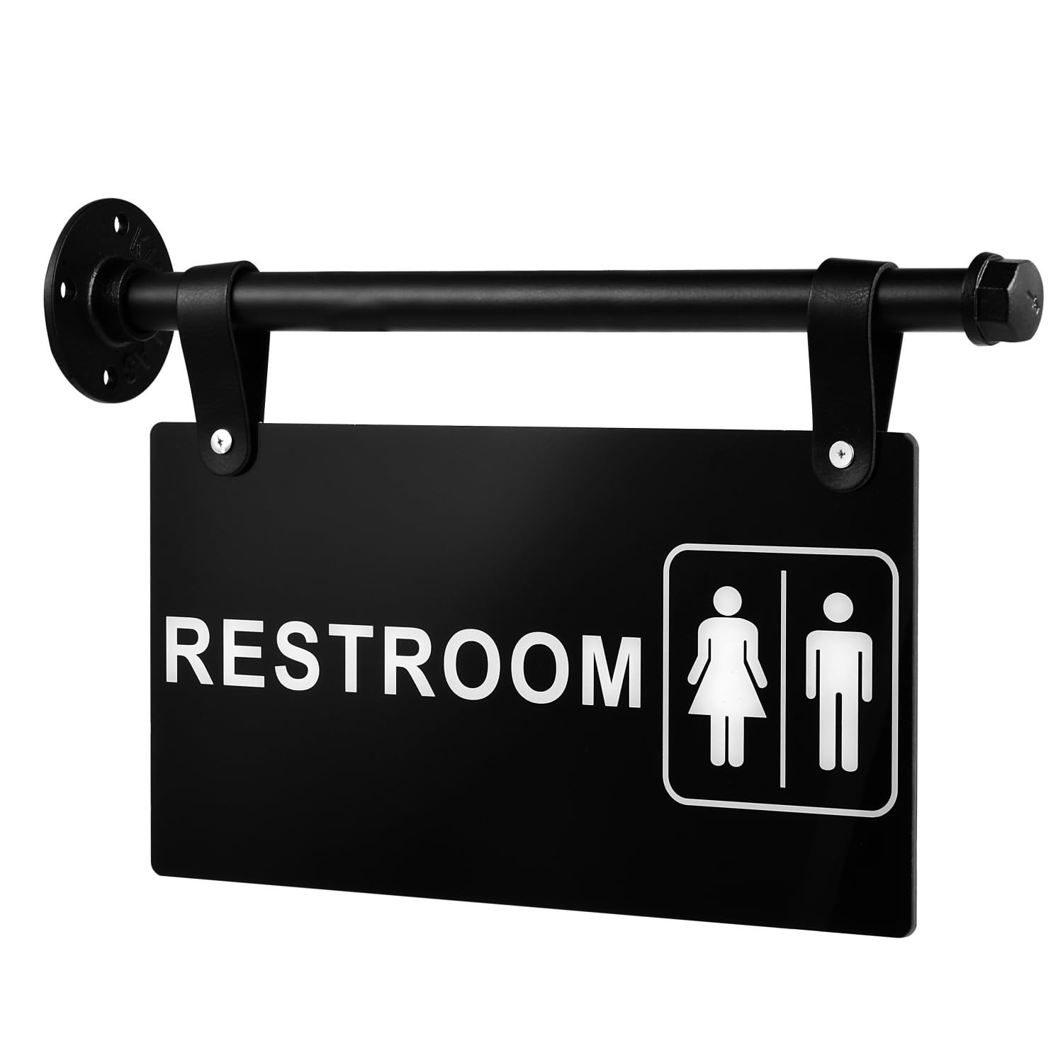 Restroom Sign, Double Sided Black Hanging Wall-Mounted Bathroom Sign