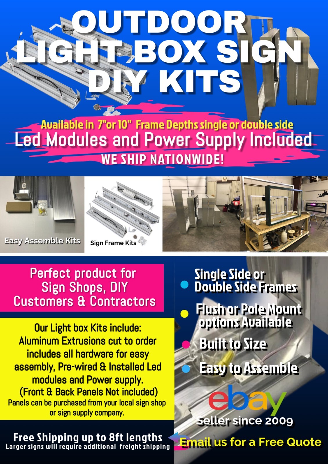 Outdoor Light Box Sign DIY Frame Kit Led Lighting power supply 2’x6′ x 7″ deep