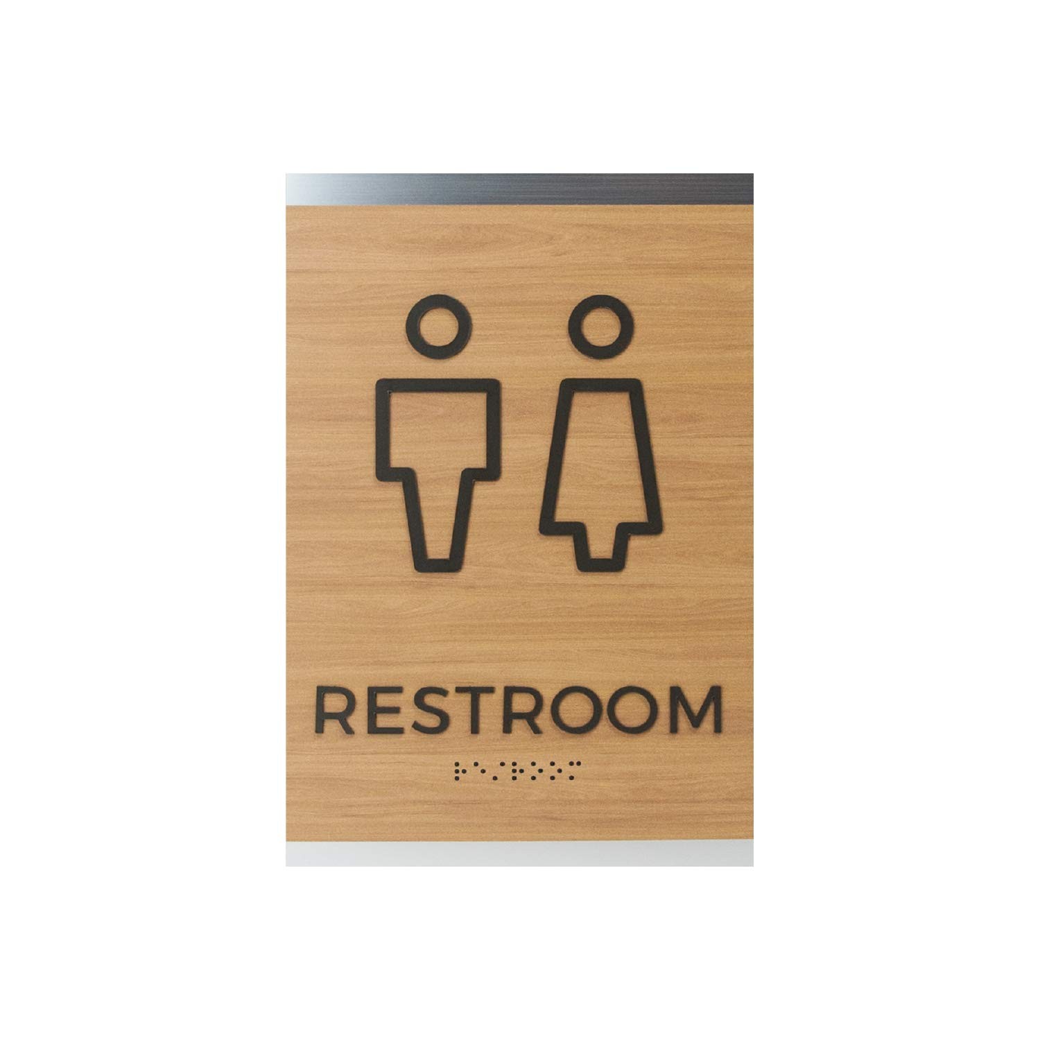 Men Women ADA Unisex Restroom Bathroom Sign Braille 6×9 Inch Oak Woodgrain