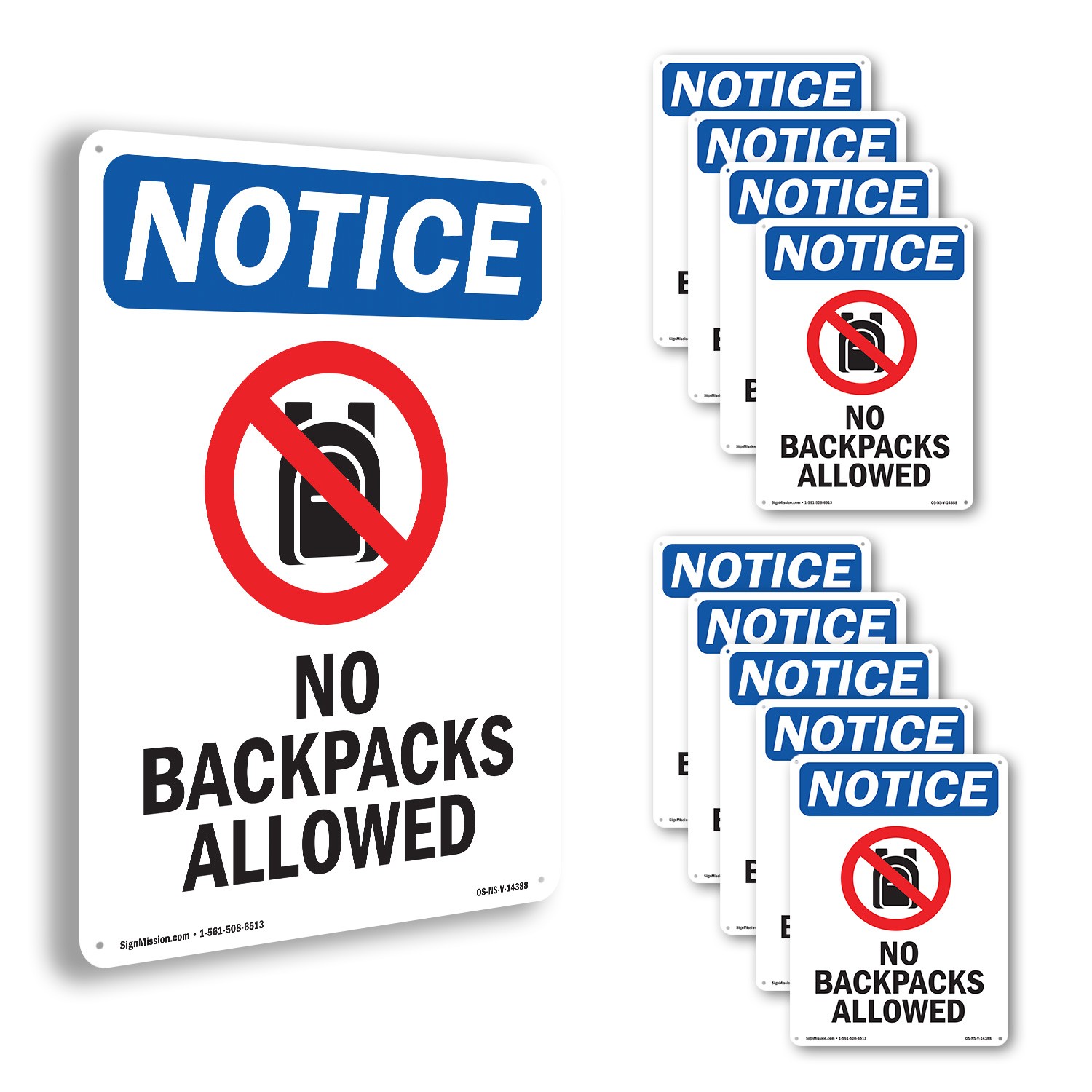 No Backpacks Allowed OSHA Notice Sign Metal, Plastic, Or Decal – 5 or 10 Pack