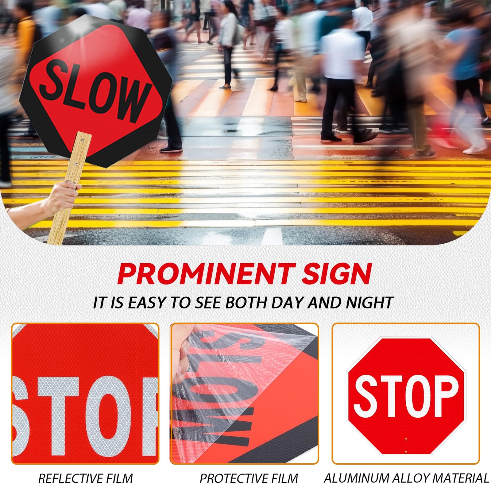4 PCS Stop Slow Handheld Sign Aluminum Crossing Guard 13×13 Inch Reflective