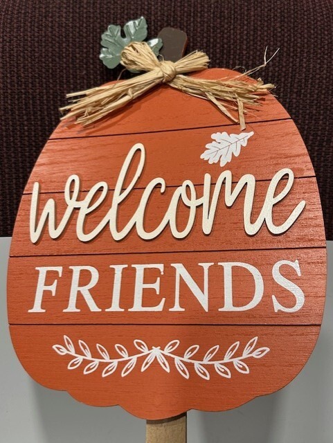 Welcome Friends Pumpkin Shaped Orange Yard Stake Wood 9-1/8x28L