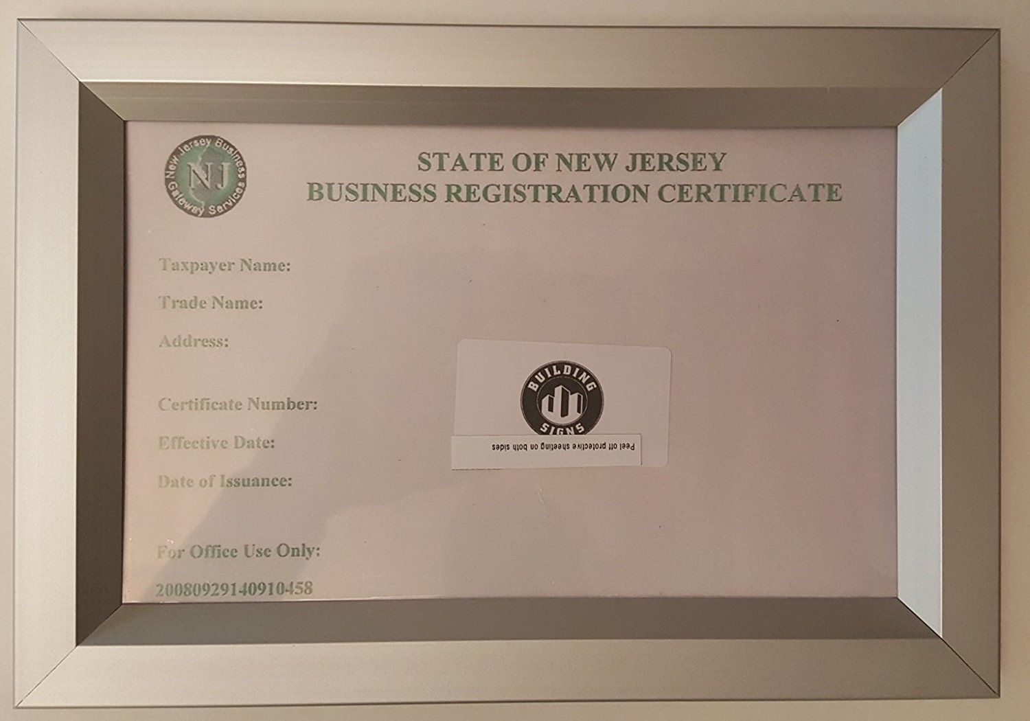 BUSINESS REGISTRATION CERTIFICATE 8.5 X 5.5 NJ ( Heavy Duty…REF24-1027