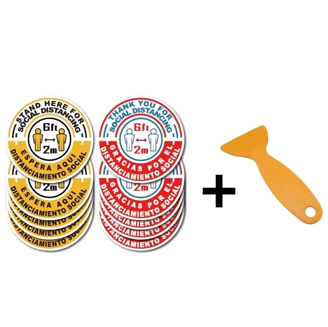 Bilingual Eng/Span 10 Pack of 12” Social Distance Floor Decals W/ FREE Scraper