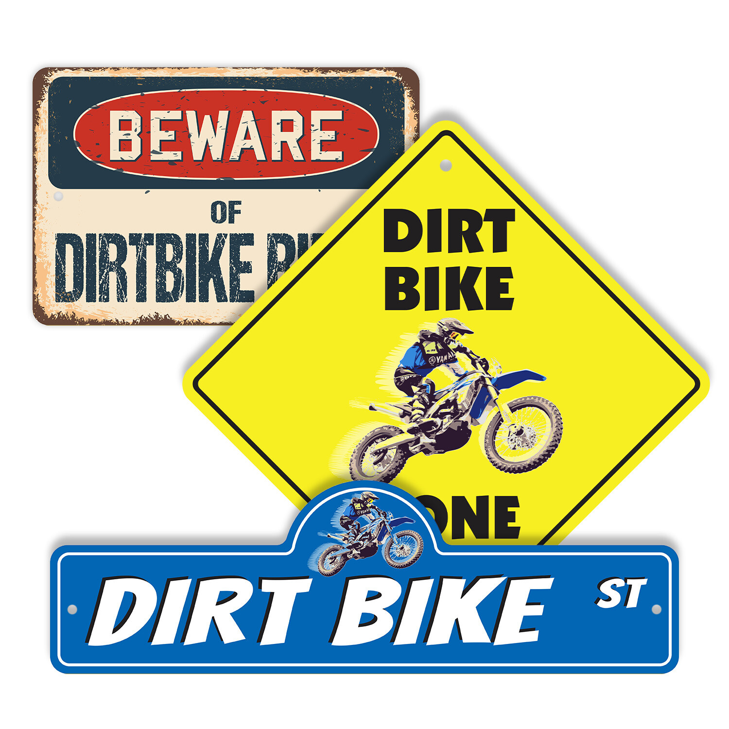Dirt Bike (3 Pack) Plastic Street Sign Crossing Warning Vintage Rustic Beware