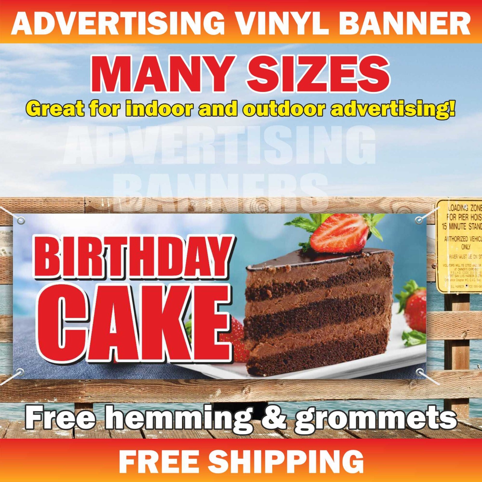 BIRTHDAY CAKE Advertising Banner Vinyl Mesh Sign dessert funnel hot warm crisp