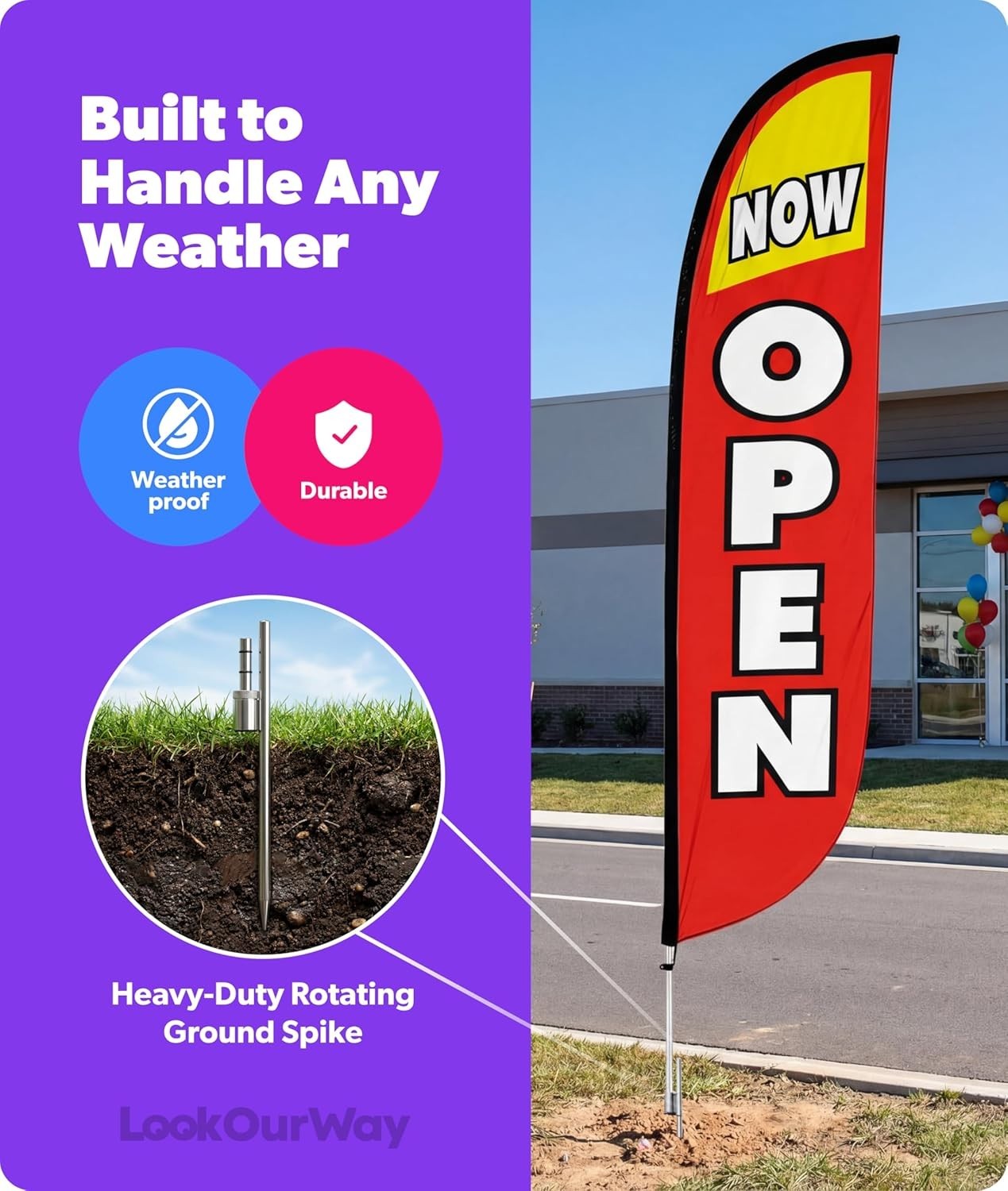 Grand Opening Feather Flag – 12FT Tall Now Open Banner with Easy Setup Kit