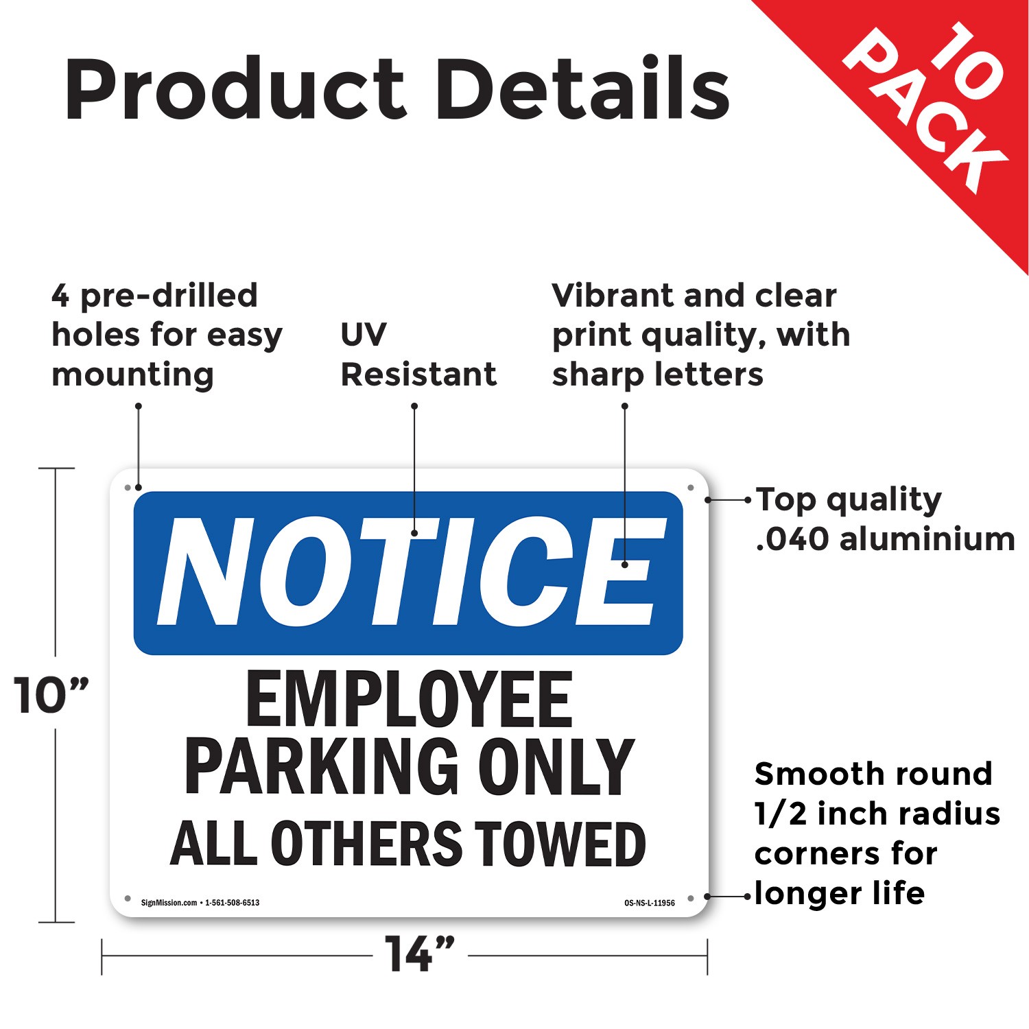 Employee Parking Only All Others Towed OSHA Notice Sign Or Decal – 5 or 10 Pack