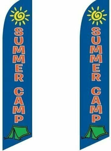 2 (two) Pack Tall Swooper Flags SUMMER CAMP Blue Red with Sun & Tent Pics