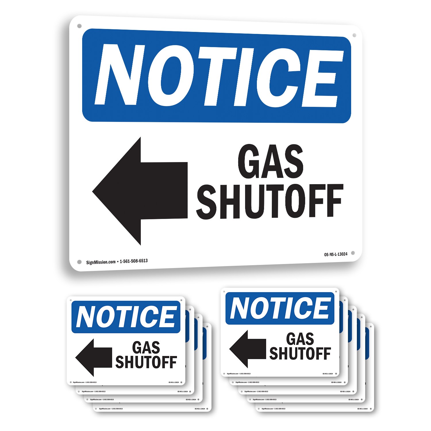 Gas Shutoff [Left Arrow] OSHA Notice Sign Metal, Plastic, Decal – 5 or 10 Pack