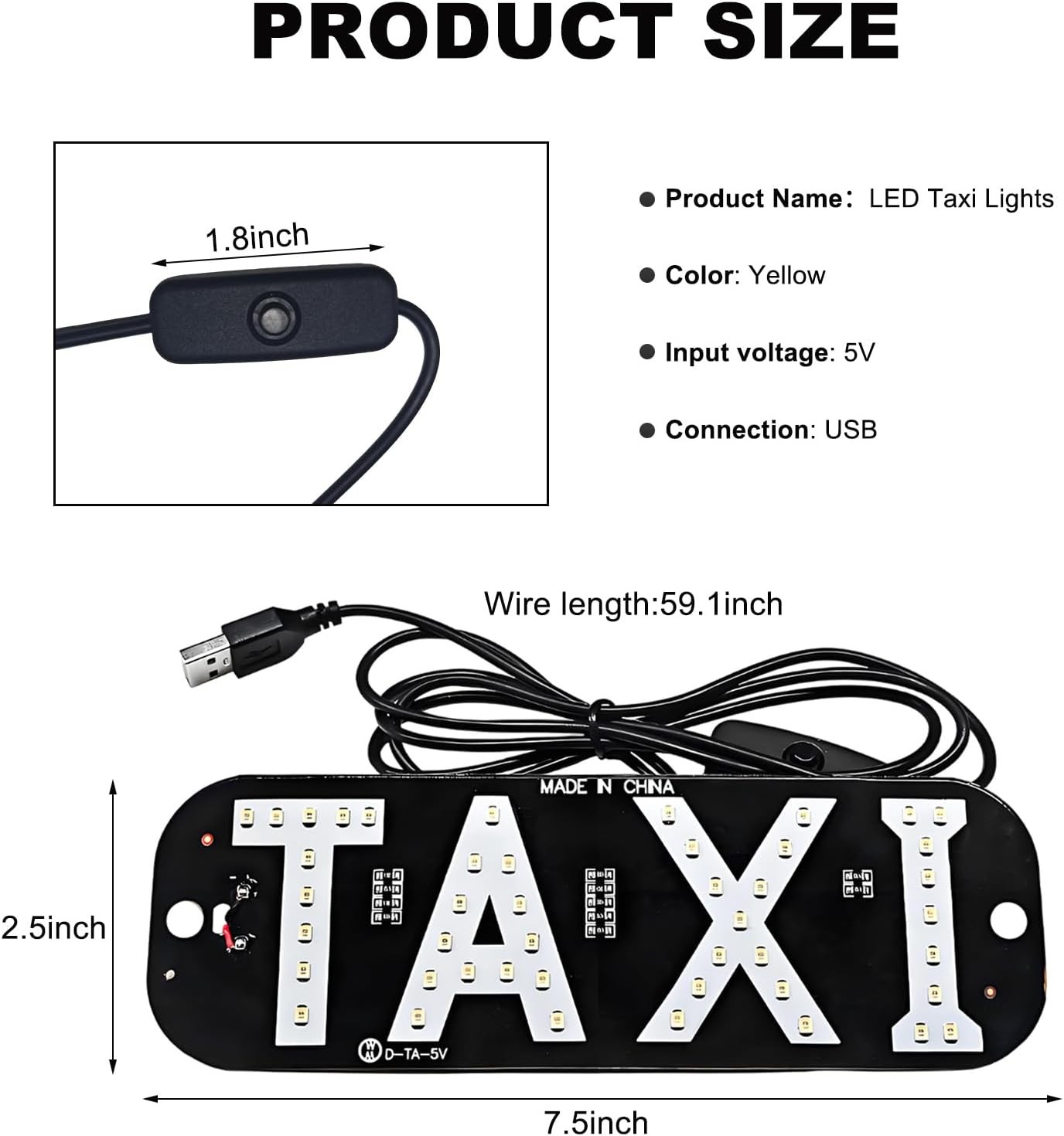 Taxi LED Sign Decor, 5V USB Bright Taxi Led Windscreen Cab Indicator Lamp Signal