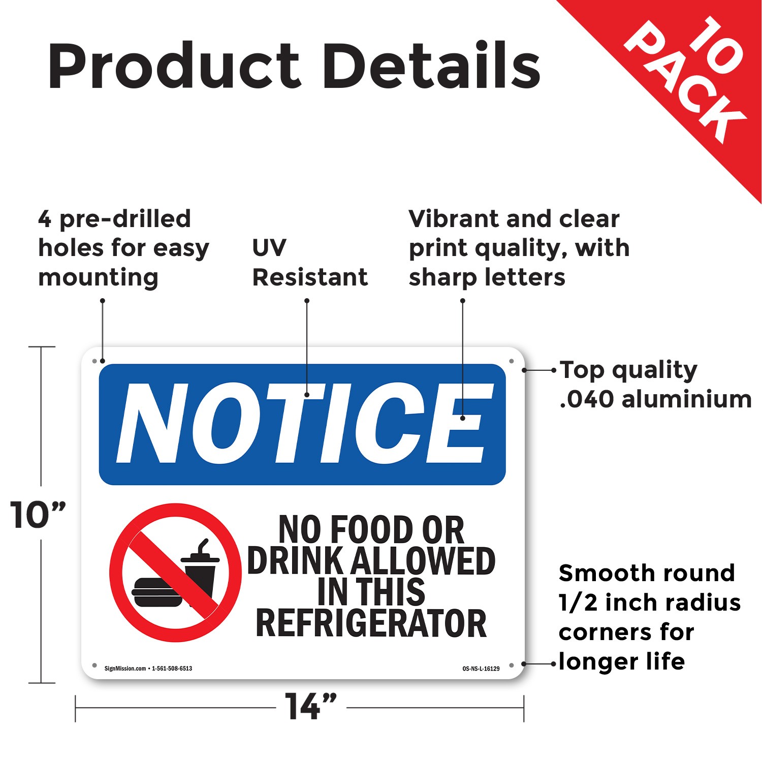 No Food Or Drink In This Refrigerator OSHA Notice Sign Or Decal – 5 or 10 Pack