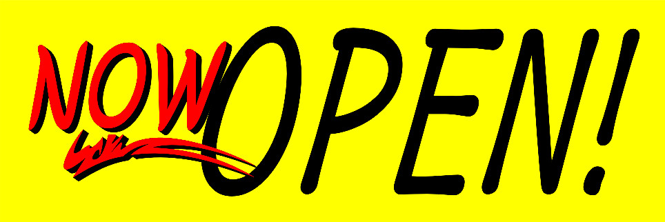 Now Open Banner (15oz Heavy Duty, Hemmed, and Grommeted) Yellow, Red