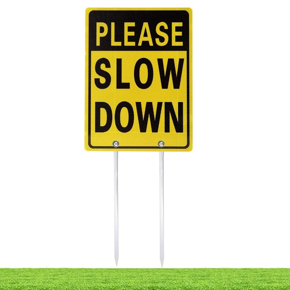 Reflective Please Slow Down Sign – 16″x12″/28″ High, Double-Sided Aluminum with