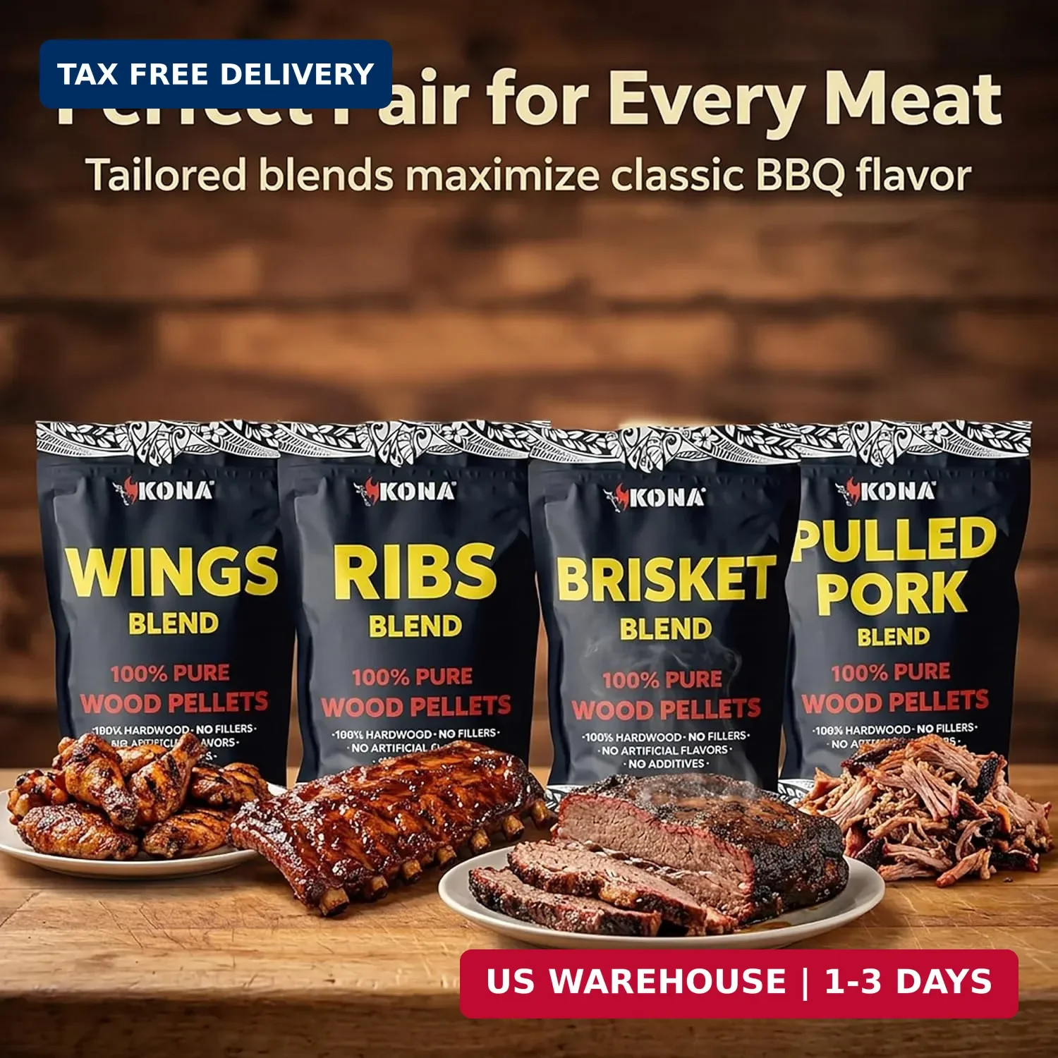 Kona Wood Pellets Brisket, Ribs, Wings,and Pulled Pork Blend Variety Pack, Inten