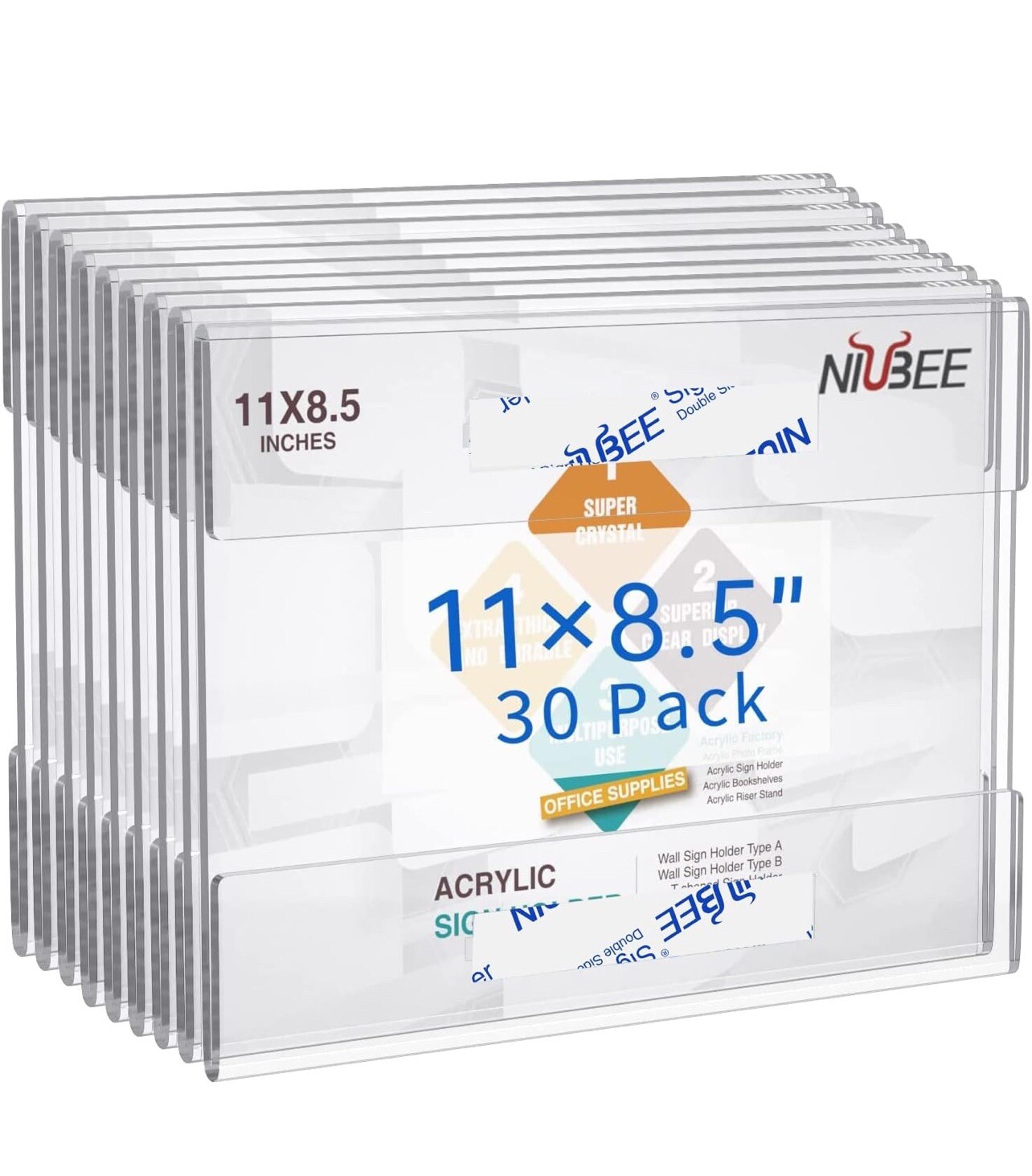 NIUBEE 30-Packs Acrylic Wall Sign Holder 8.5×11 Horizontal, Clear clear