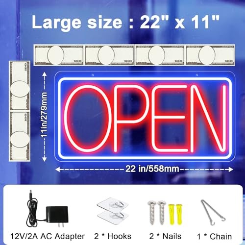 22″ X 11″ Led Neon Open Signs for Business 12V/2A Ultra Bright Led Neon Open