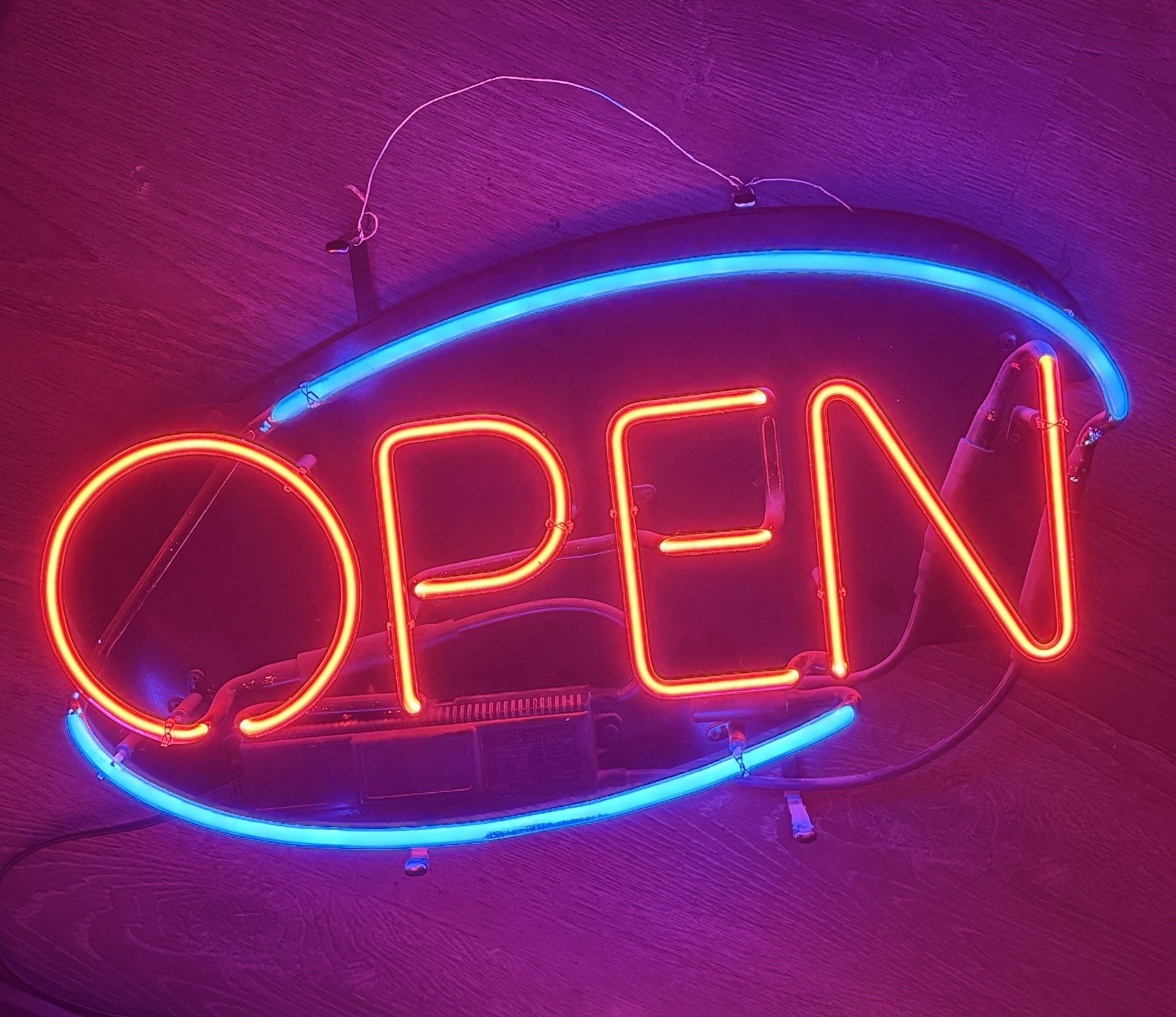 Everbrite Model 226 OPEN Neon Illuminated Hanging Sign, Red/Blue w/ Power Cord