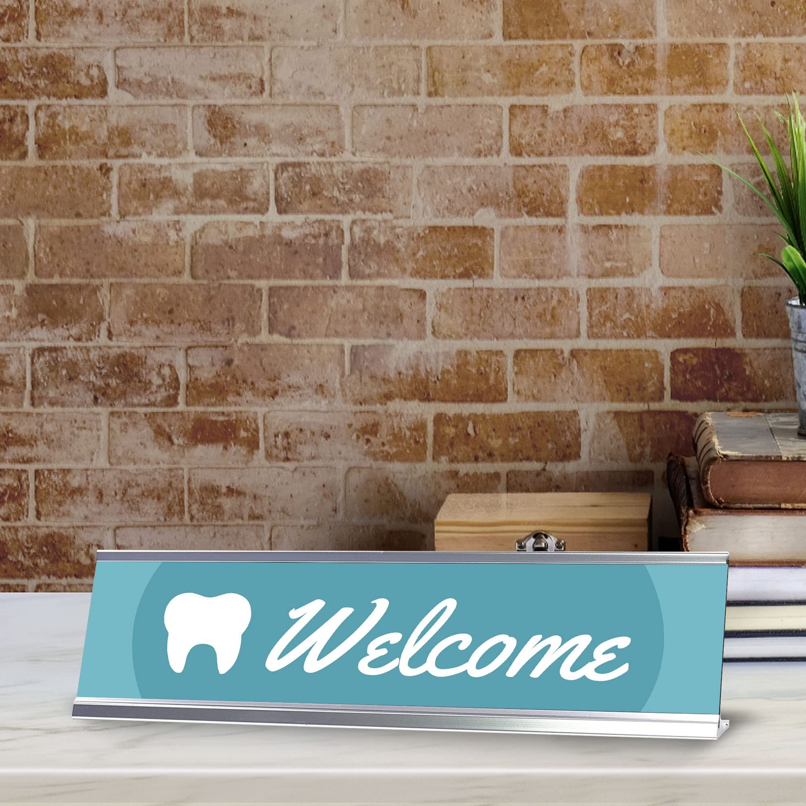 Signs ByLITA Welcome Dental Office Decor Silver Frame, Desk Sign (2×8“)
