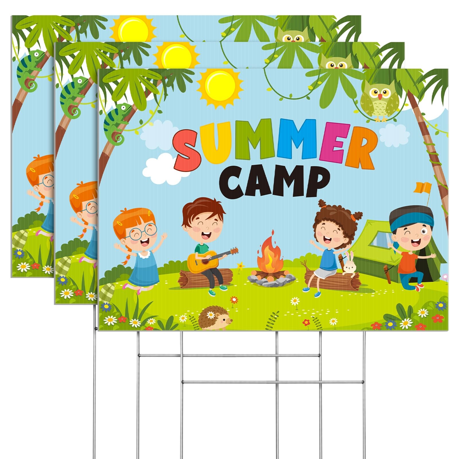 3 PCS 11.81×15.75 Inch Summer Camp DoubleSided Yard Sign Metal Stakes Decor