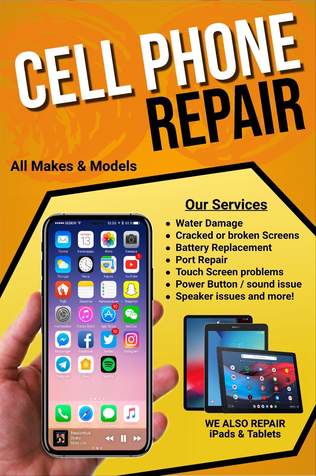 Cell Phone Repair All Makes and models ipads tablets Advertising Poster Sign