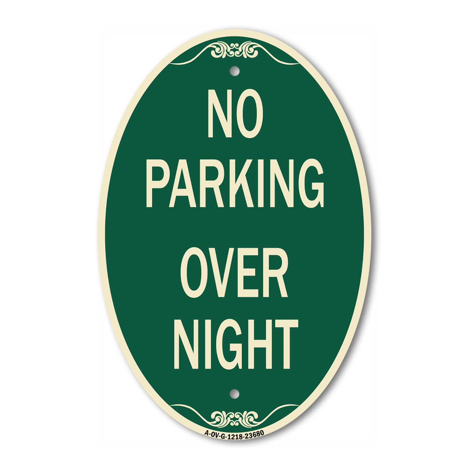 No Parking Overnight Parking Sign | Green & Tan Aluminum Oval Architectural Sign