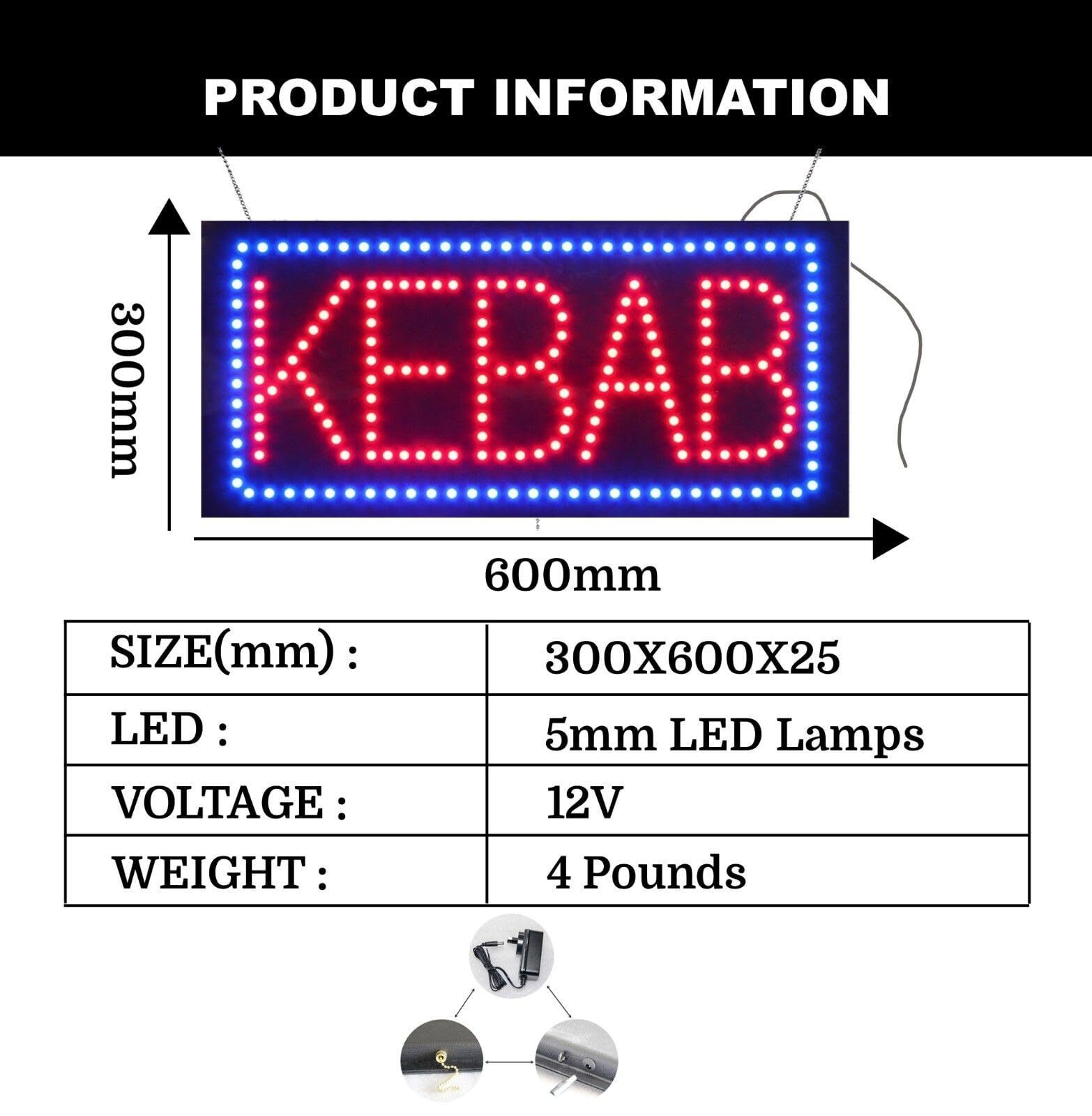 LED Kebab Sign for Retail Business Displays | Light Up Sign | 12″H x 24″W x 2″D