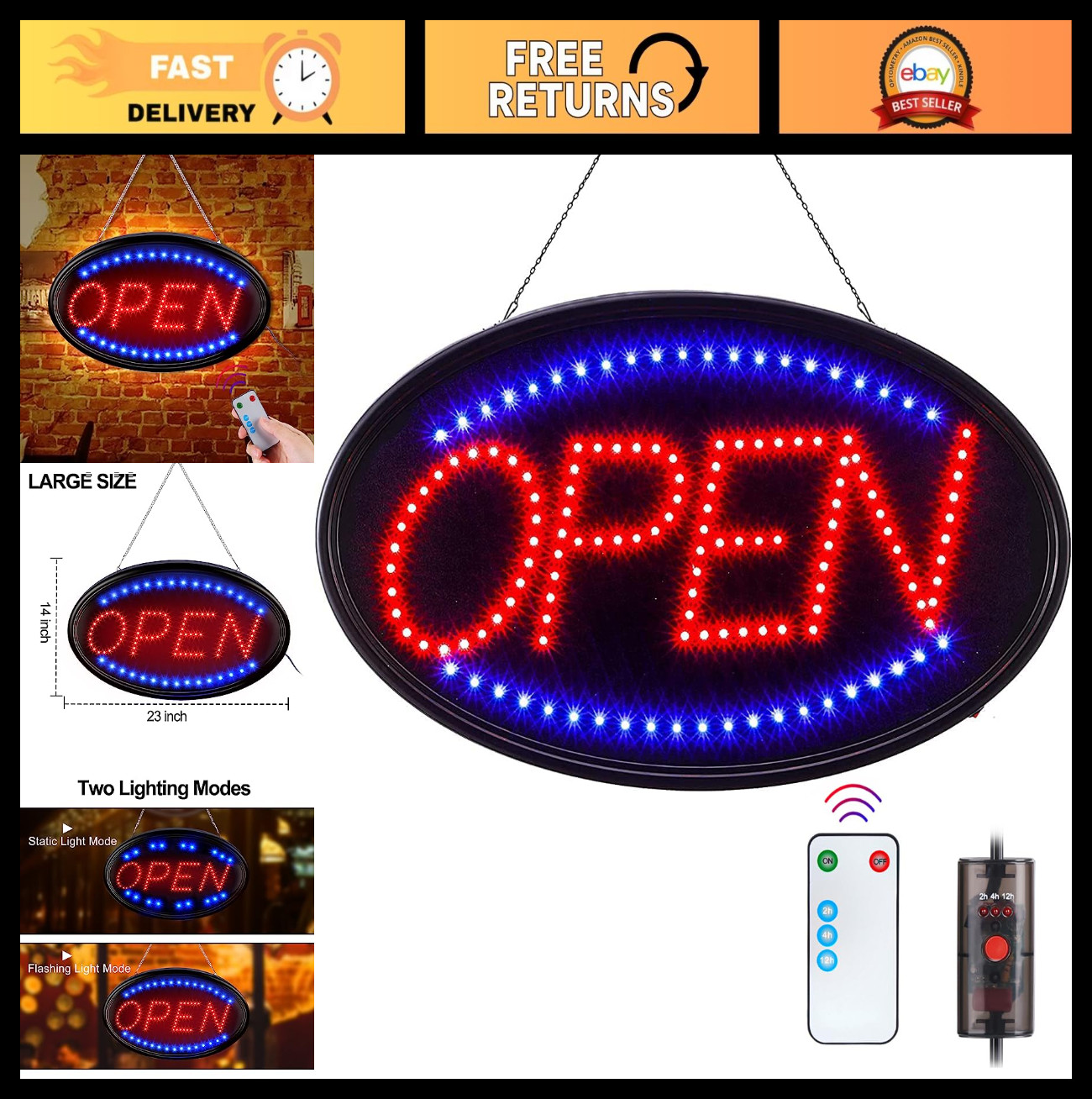 Large LED Open Sign 23×14″ with Remote – Flashing & Steady Light Modes for Busin