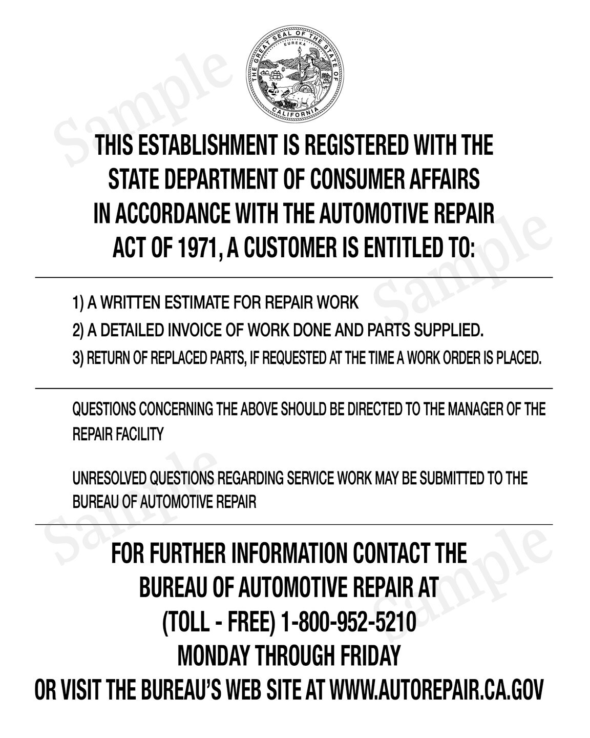 California Bureau of Auto Repair Poster Vinyl Banner Auto Shop Display
