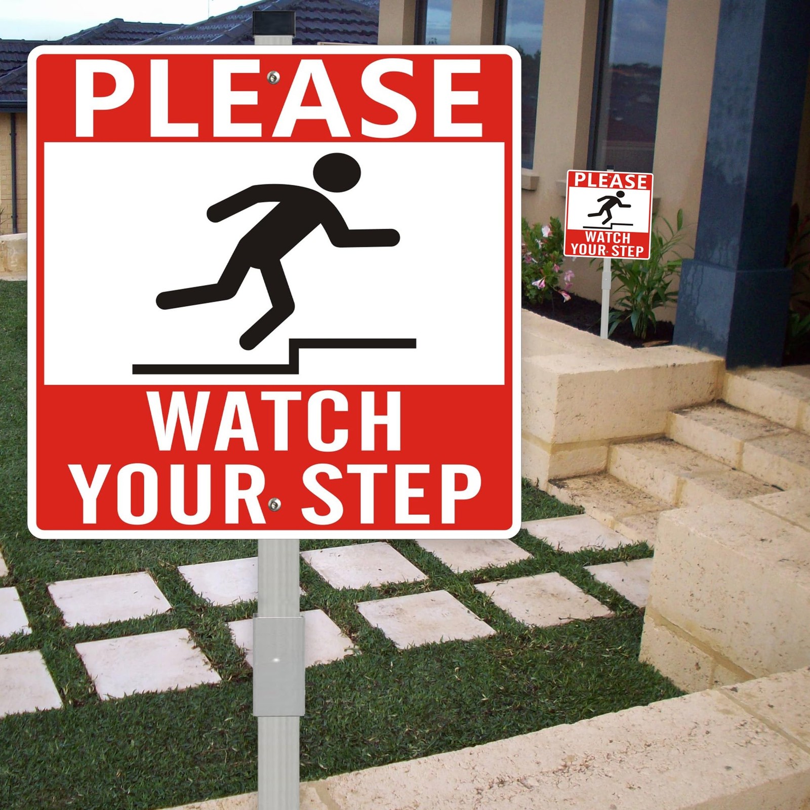 2Pack Watch Your Step Safety Sign with 28″ Stakes, 10×10 Inches Aluminum, Ref…