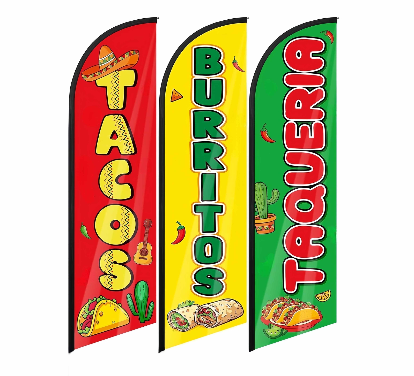 3Pcs Tacos Burritos Feather Flag Mexican Restaurant Advertising Banner Business