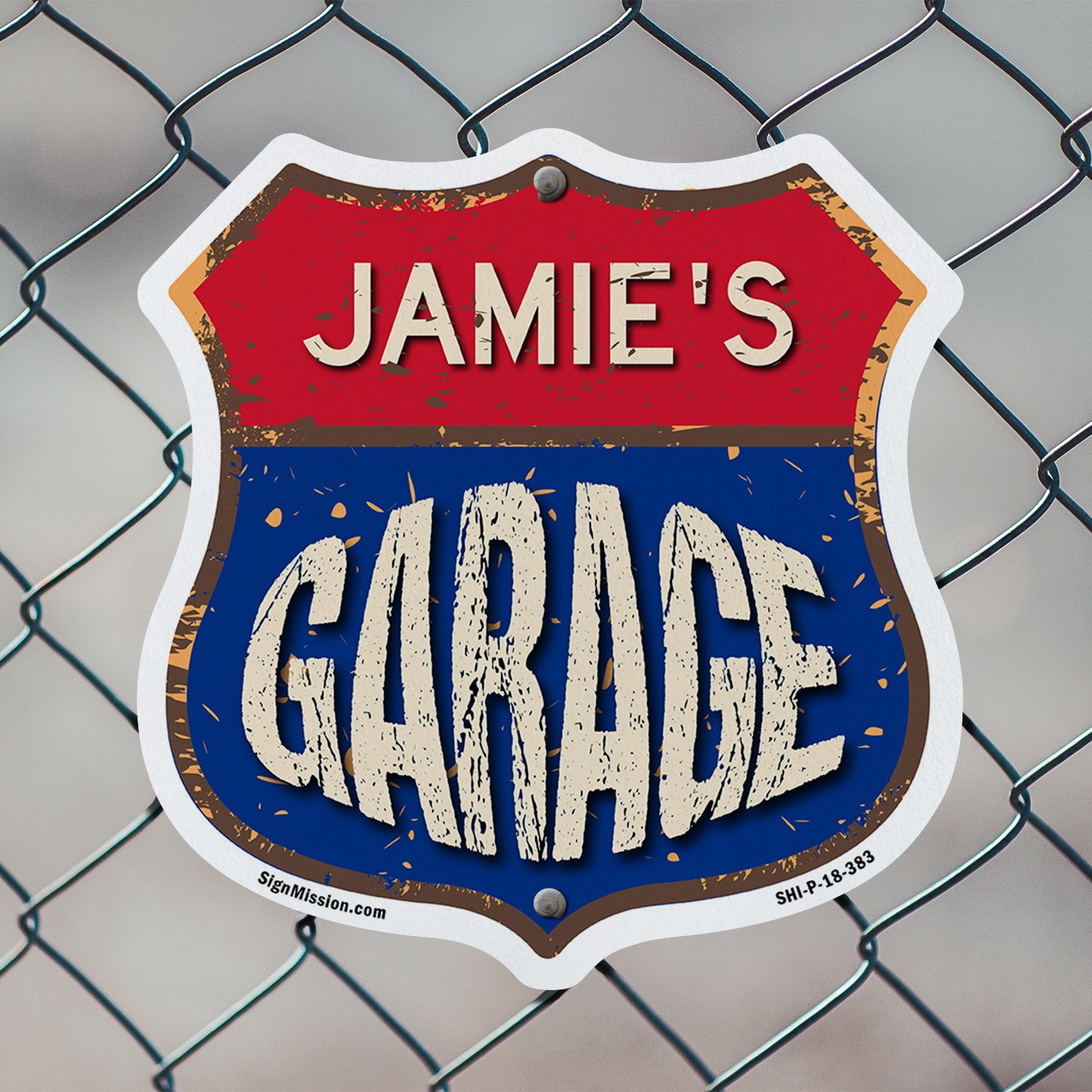 Jamie’s Garage Shield Shaped Sign Weather Resistant Crafted in the USA