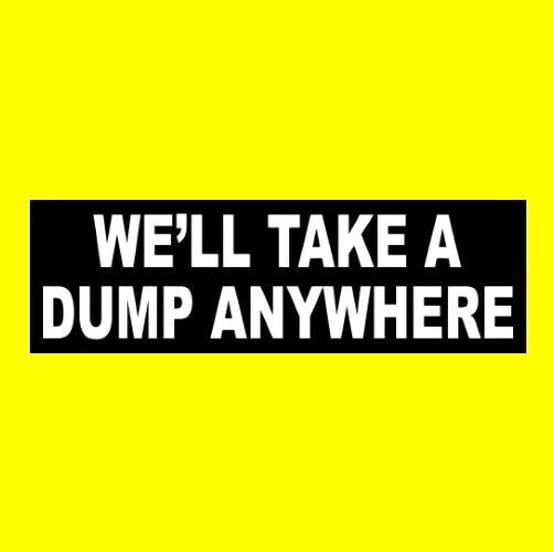 Funny “WE’LL TAKE A DUMP ANYWHERE” hauling business DUMP TRUCK STICKER bumper