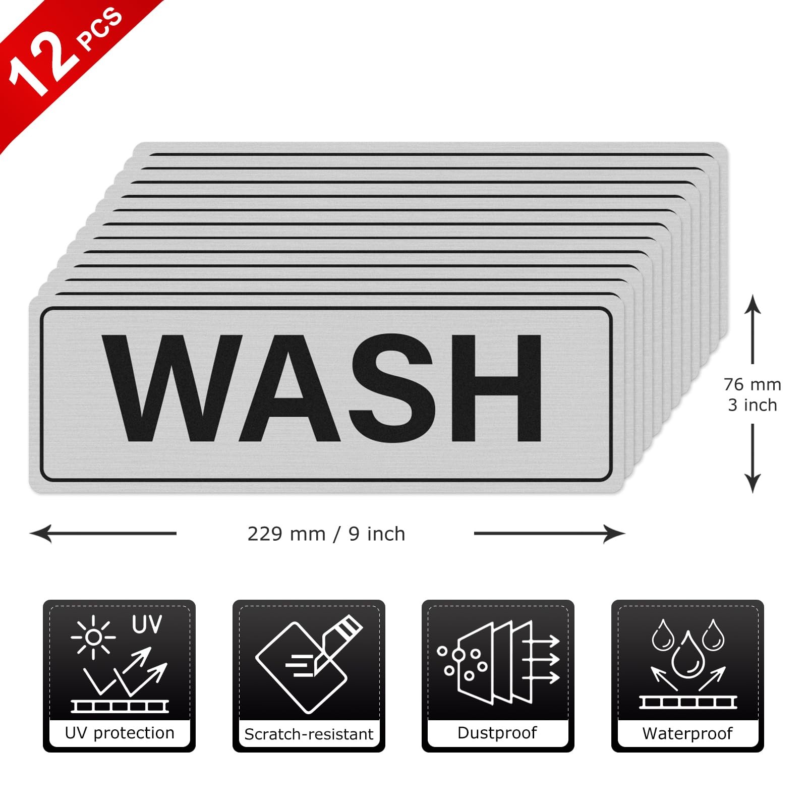 12 Pack Wash Rinse Sanitize Sink Sign Self-adhesive Waterproof Aluminum Metal…