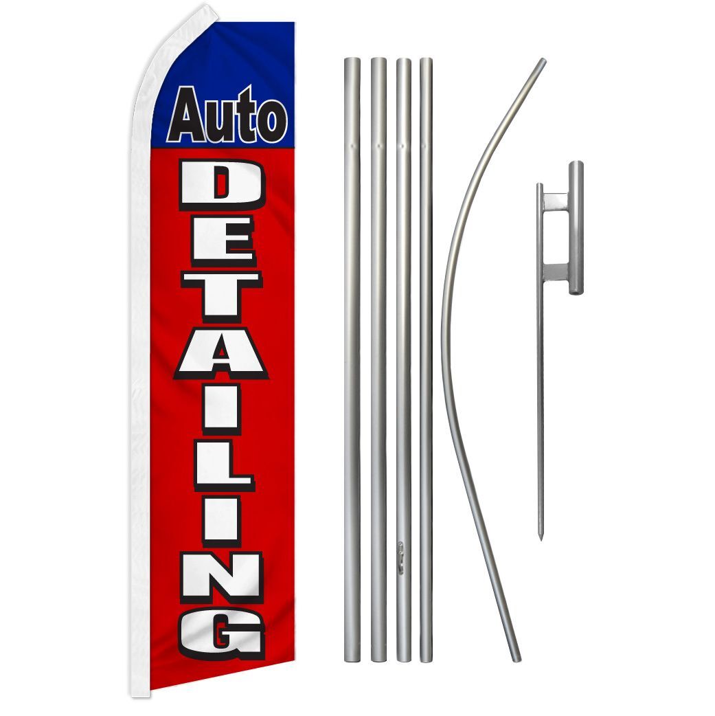 “AUTO DETAILING” Advertising Super Flag & Pole Kit car detail wash wax red blue