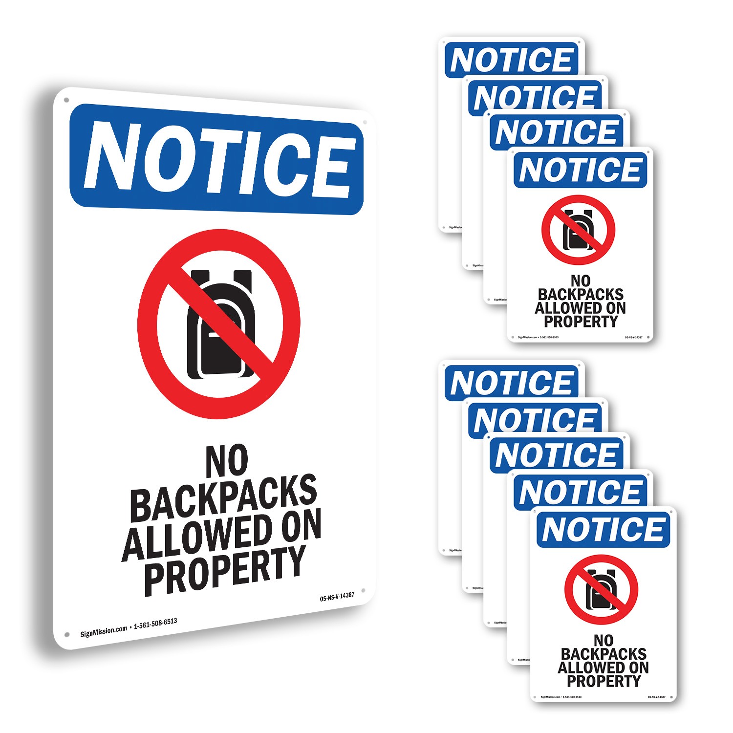No Backpacks Allowed OSHA Notice Sign Metal, Plastic, Or Decal – 5 or 10 Pack