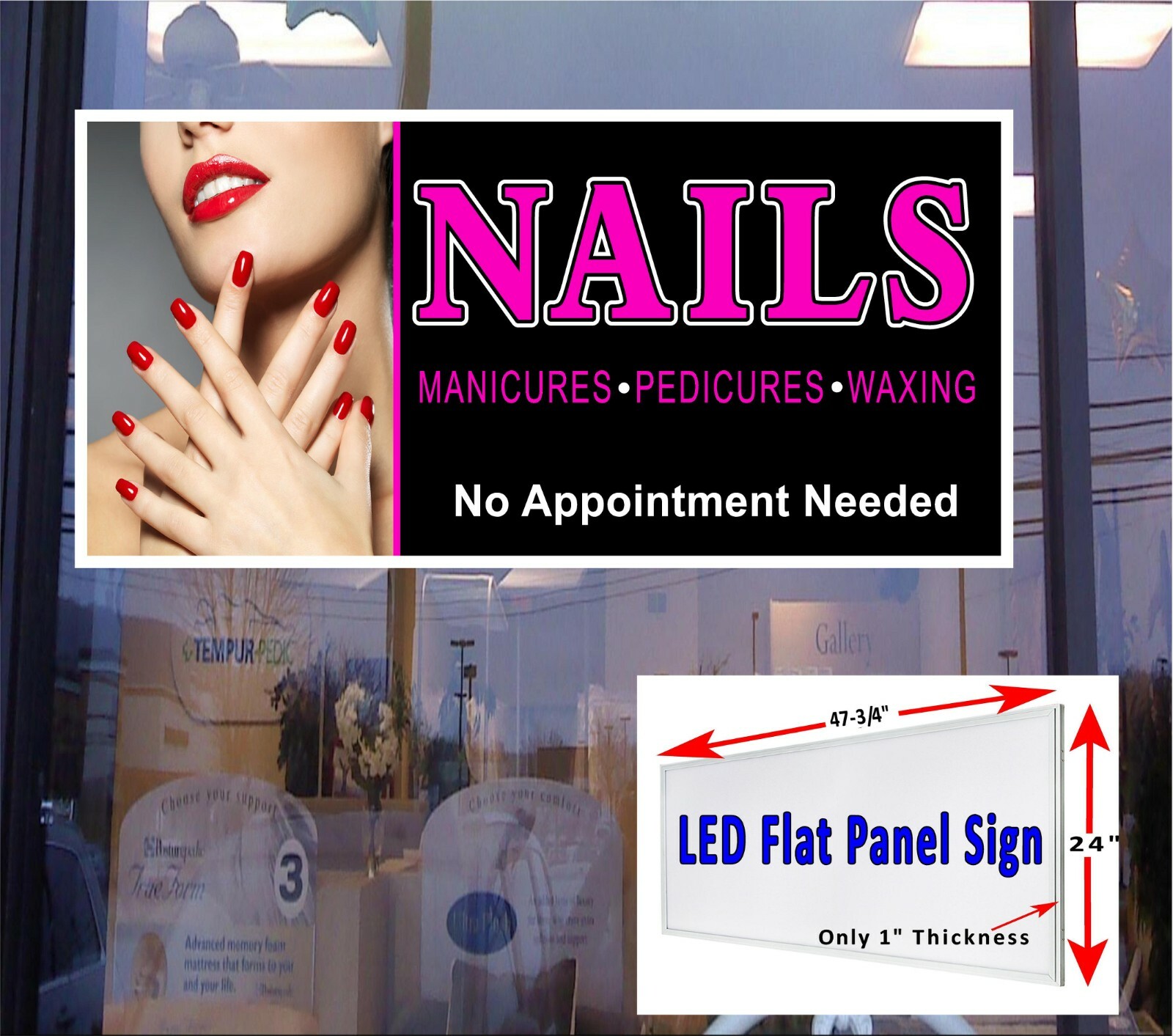 NAILS manicure pedicure waxing LED Light box window sign 48″x24″