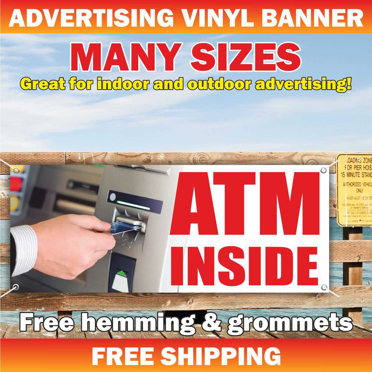 ATM INSIDE Advertising Banner Vinyl Mesh Sign Flag Cash AVAILABLE Many Sizes