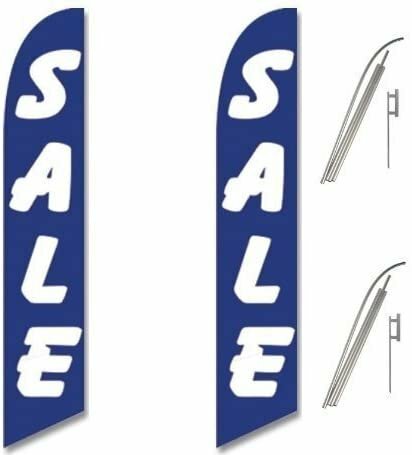 Two Full Sleeve Swooper Flags w/ Poles & Spikes SALE Blue with Big White Text…