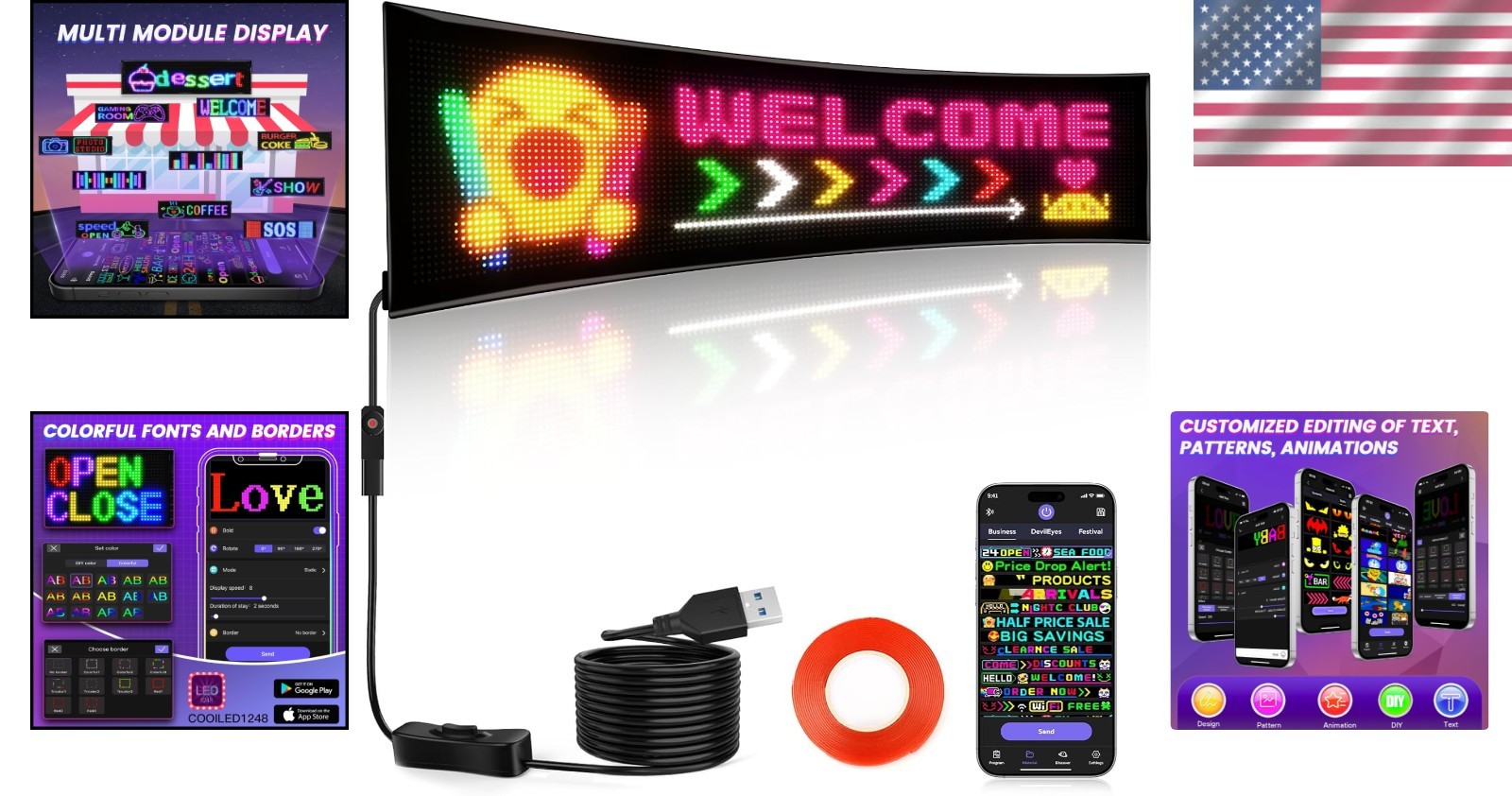 Bright 24.6”x6.3” Programmable LED Display with Bluetooth & Custom Patterns