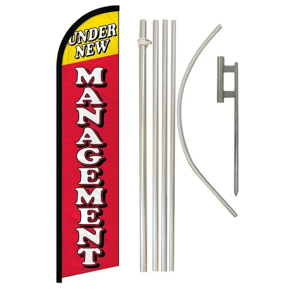 Under New Management Windless Advertising Banner Flag & Pole Kit
