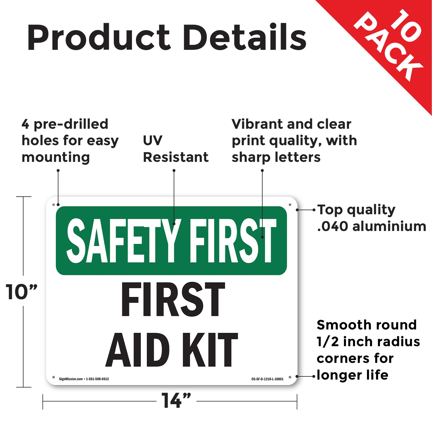 First Aid Kit OSHA SAFETY FIRST Sign Metal, Plastic, Or Decal – 5 or 10 Pack