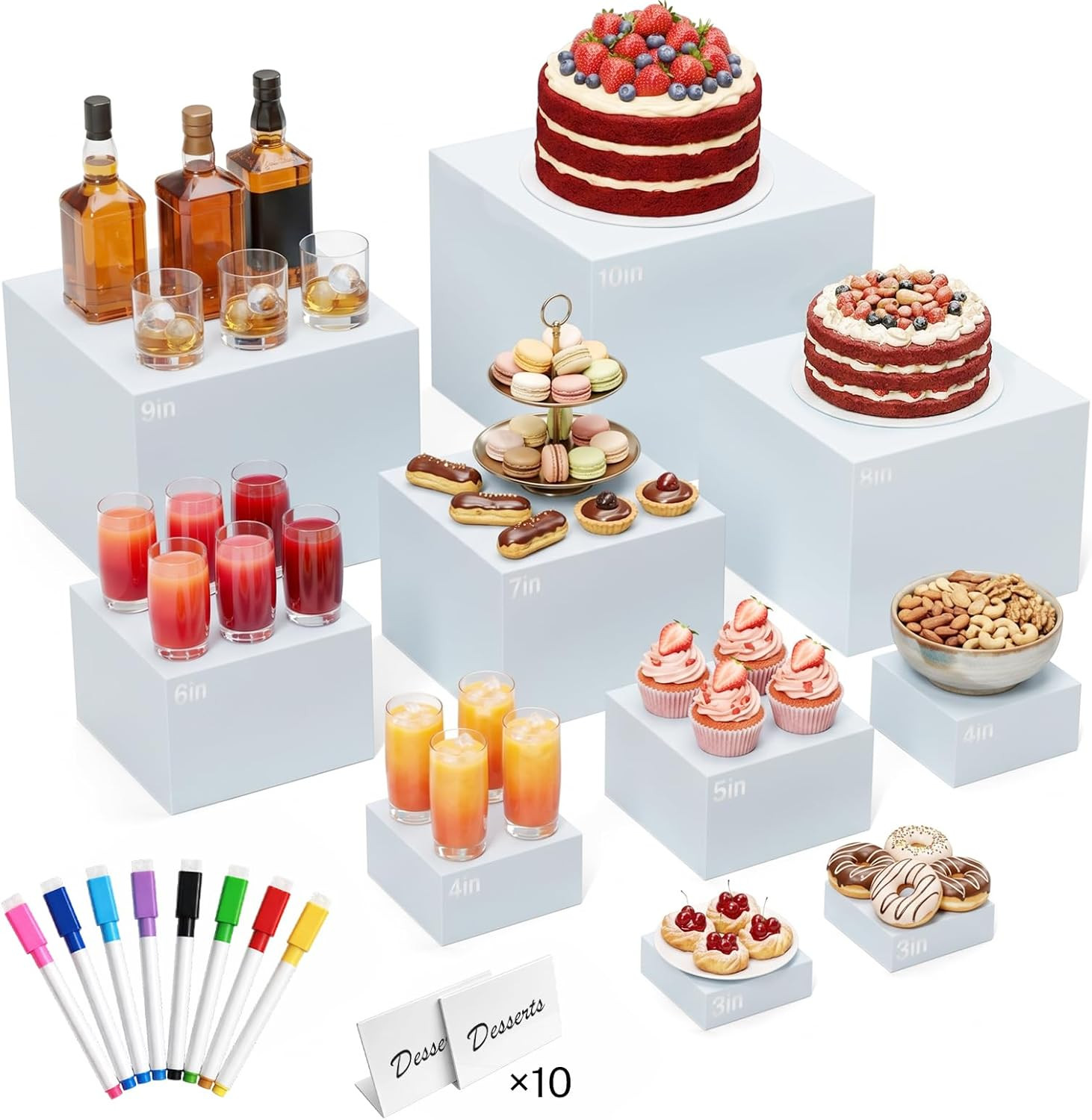 10 Pcs White Acrylic Buffet Risers with Mini Sign and Marker, Food Risers Displa