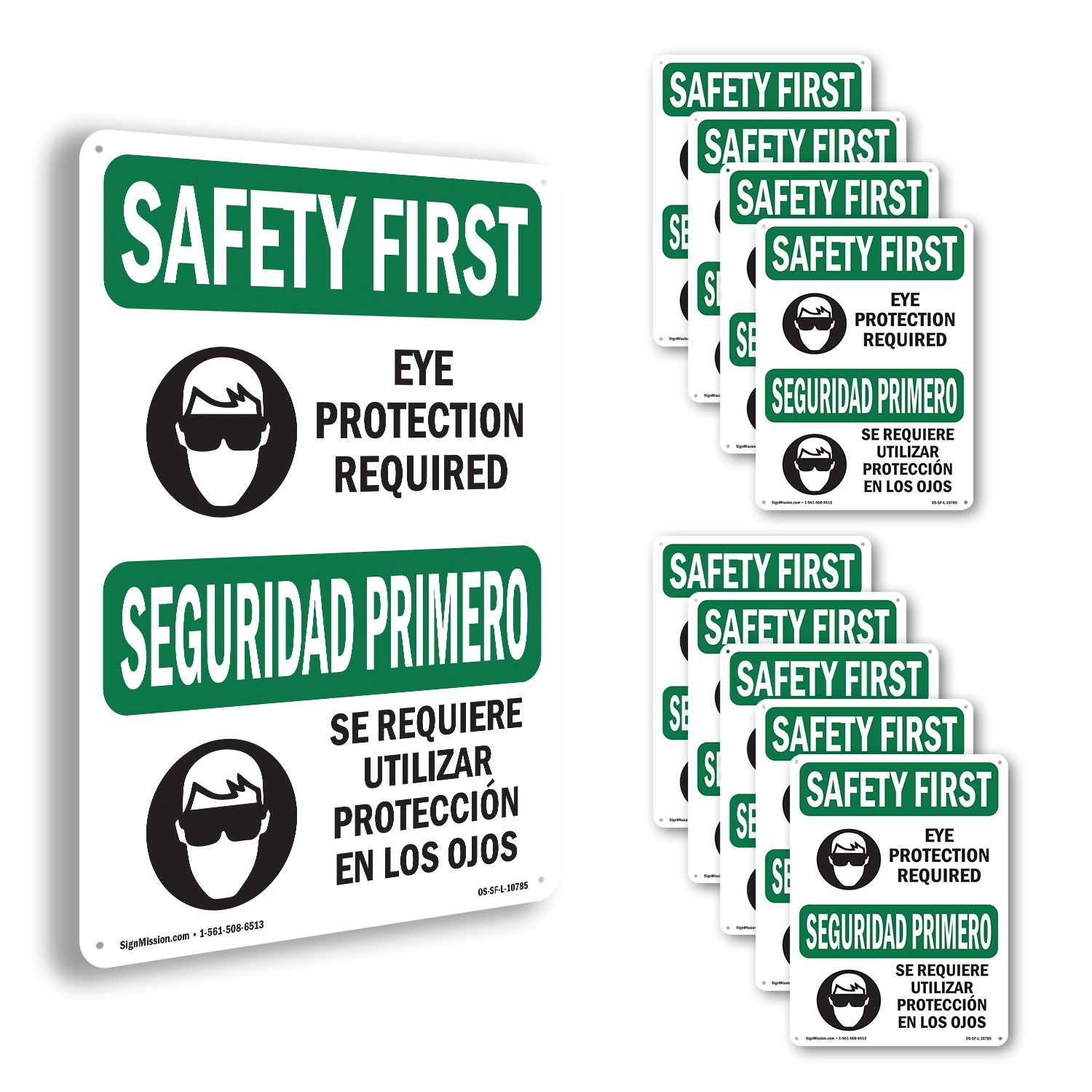Eye Protection Required Bilingual OSHA SAFETY FIRST Sign Or Decal – 5 or 10 Pack