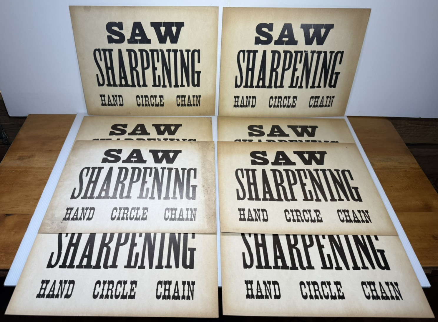 Vintage “Saw Sharpening” Business Signs 14″x 11″ Set Of 7 – RARE Western Style