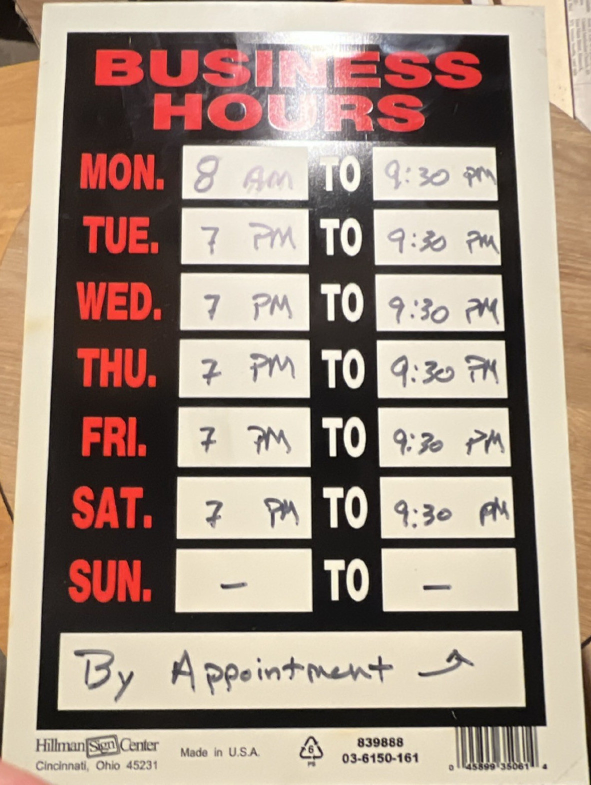 Hillman 839888 Business Hours Door Sign Black Red White